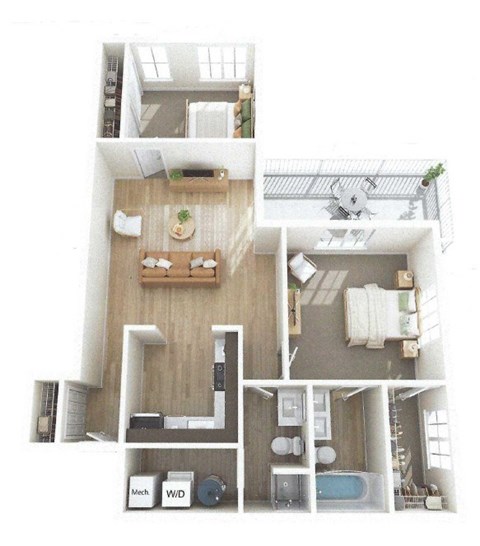 A top-down view of a modern apartment layout.